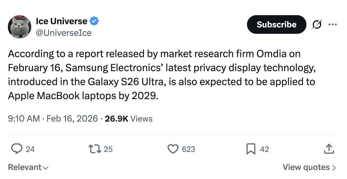 消息称苹果计划在2029年为MacBook引入“防窥显示屏”技术