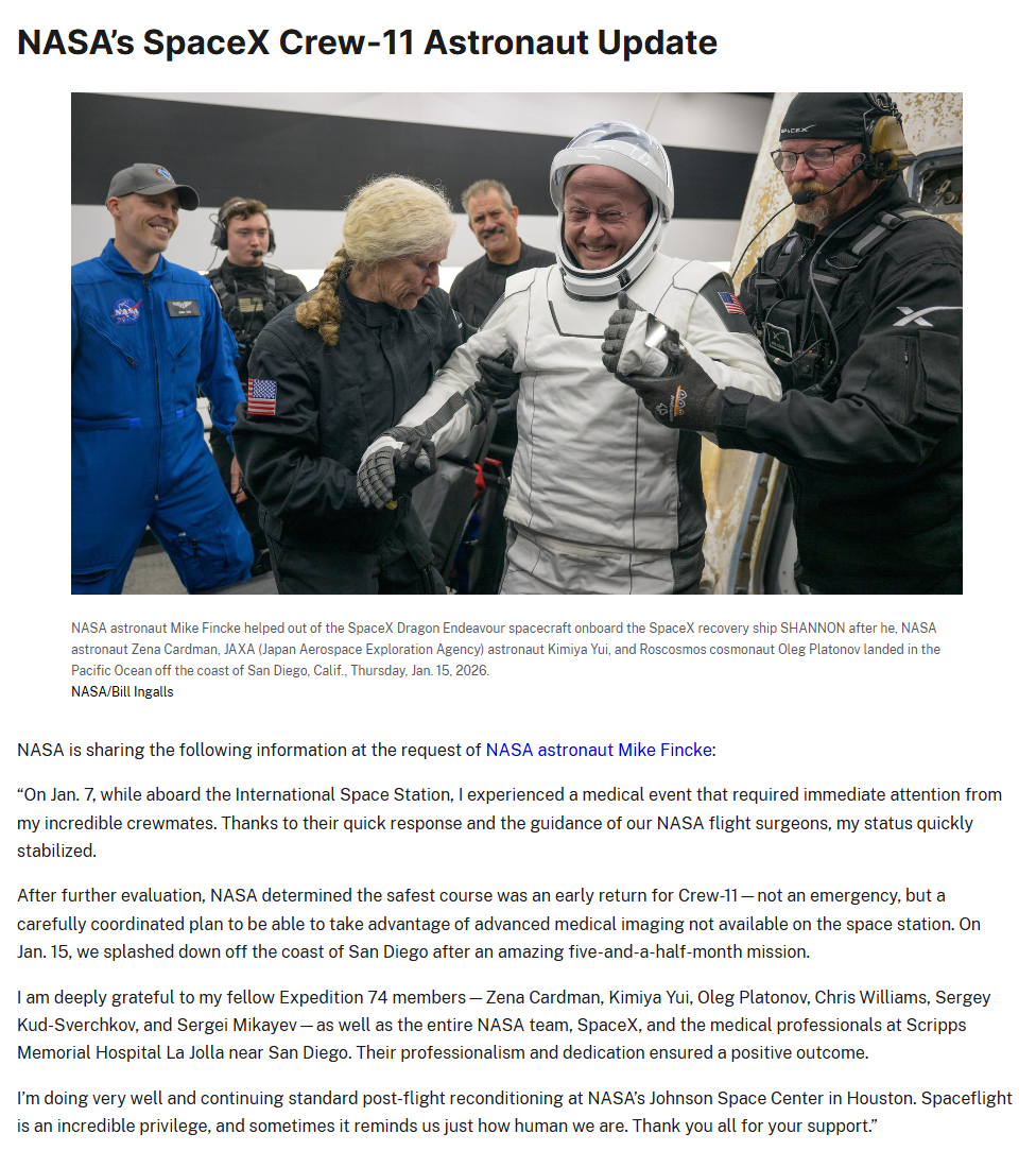 NASA宇航员回应因健康问题提前返程