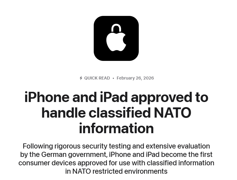 苹果iPhone和iPad首批获准处理北约机密信息