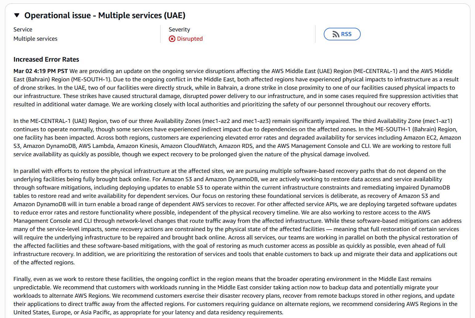 亚马逊阿联酋数据中心被“击中”起火，部分服务中断