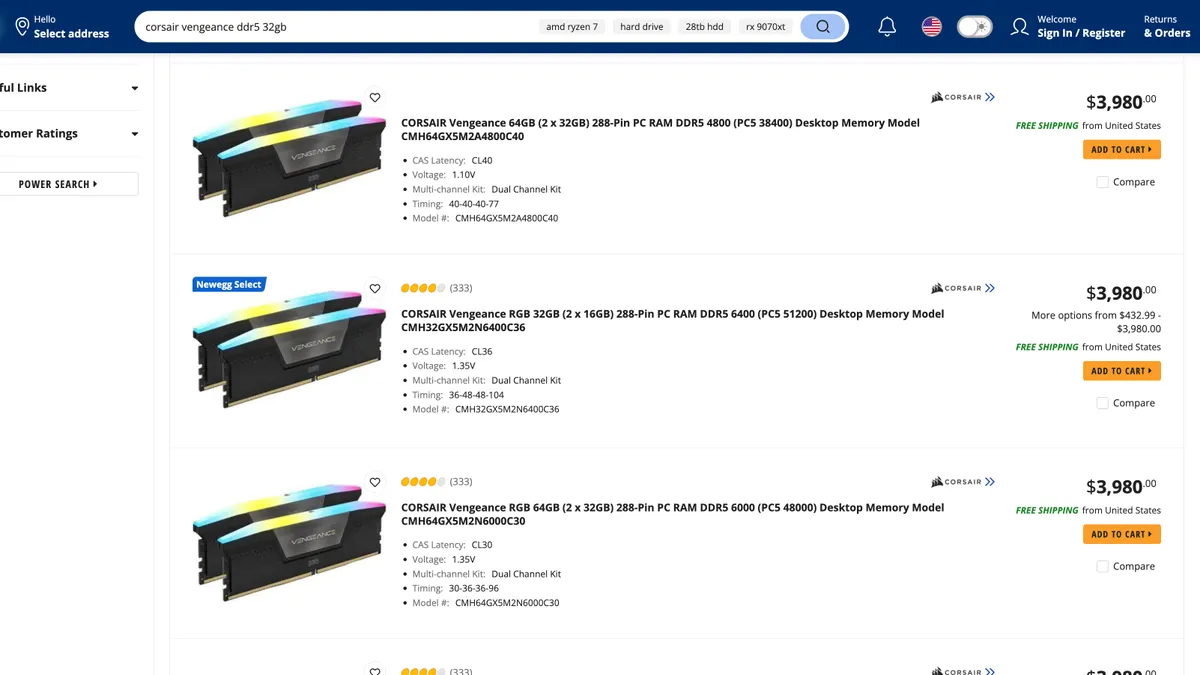 DDR5内存套装卖4000美元？电商平台新蛋回应称定价系统出错