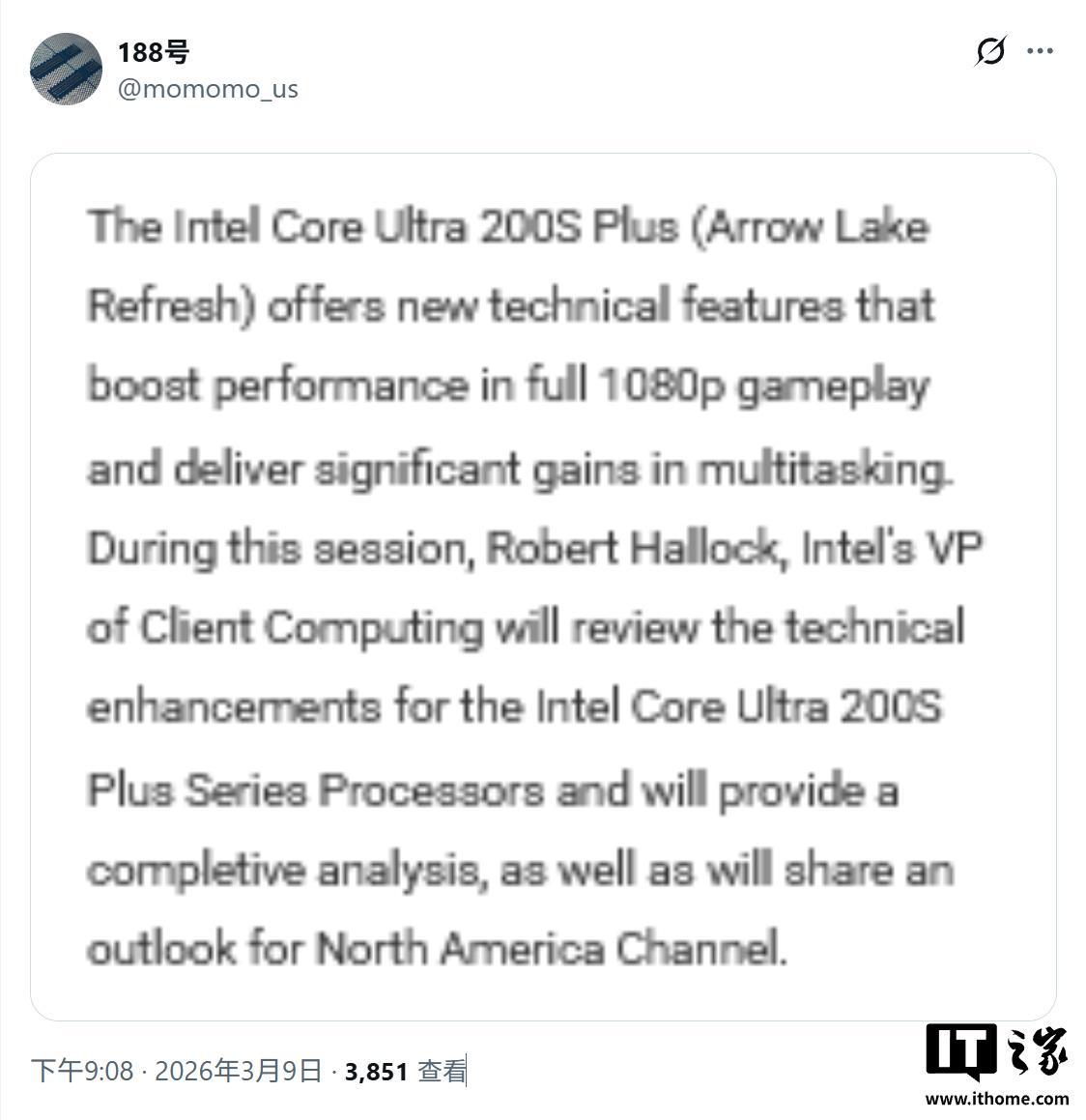 英特尔酷睿Ultra 200S Plus核心特性曝光：提升1080p游戏帧率