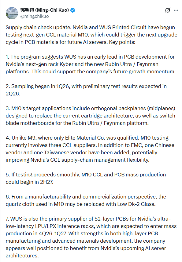 天风郭明錤：英伟达下一代Rubin平台启动新材测试，PCB升级周期将至