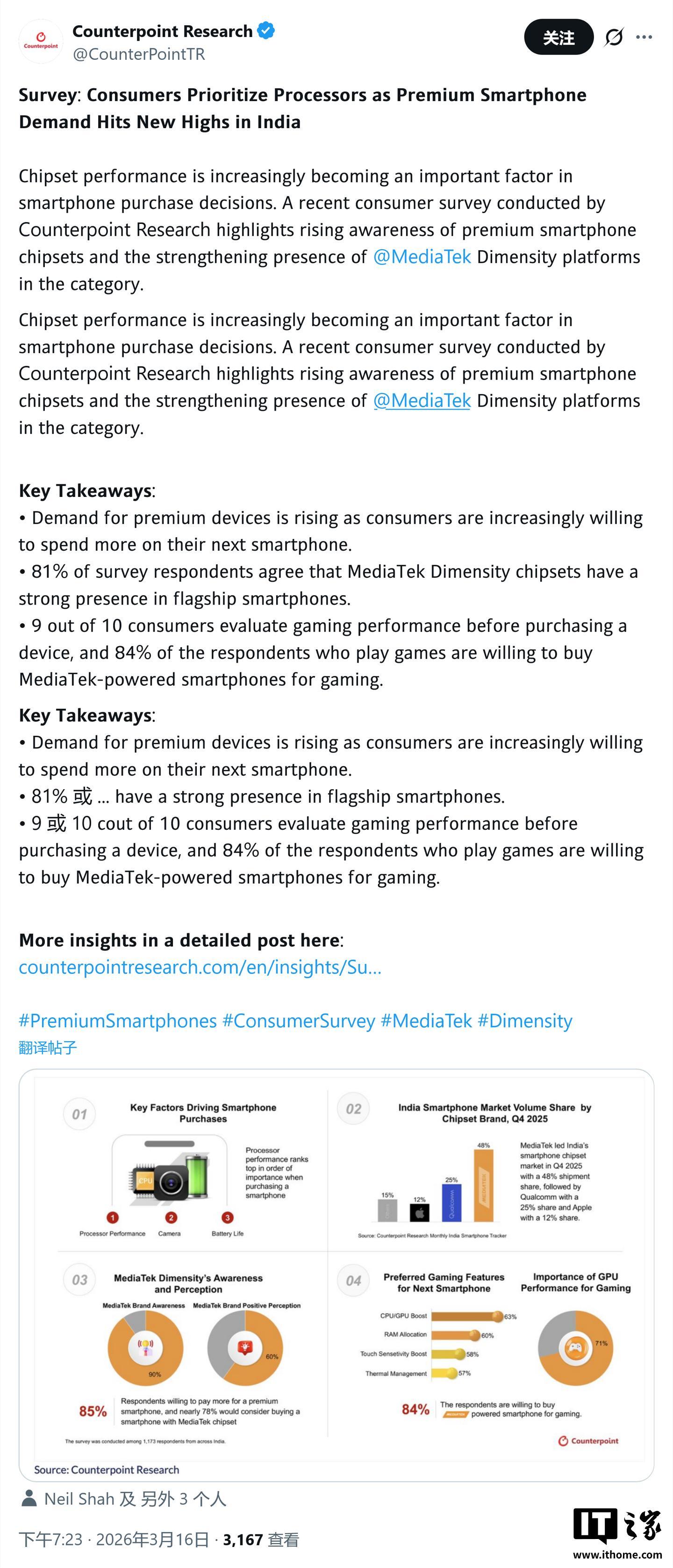 CounterPoint称2025Q4印度手机市场联发科斩获48%份额