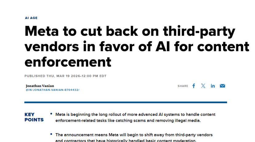Meta官宣推进AI内容审核 将削减外包依赖或引发裁员