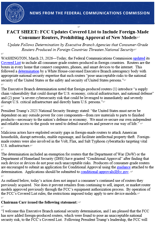 美国FCC禁止进口新款外国制造消费级路由器，现有型号不受影响