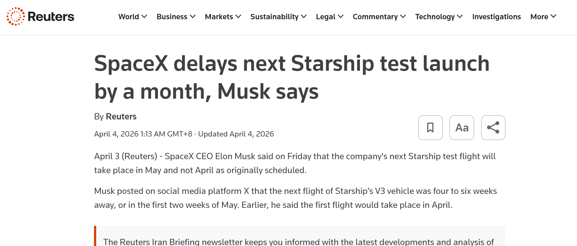 再等 4 至 6 周!SpaceX 星舰 V3 首飞推迟至 5 月