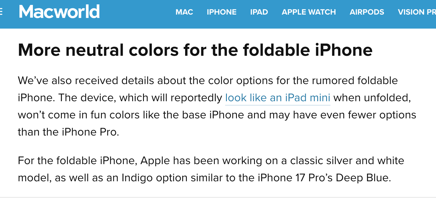 苹果首款折叠屏iPhone Fold配色细节曝光：深靛蓝色成亮点