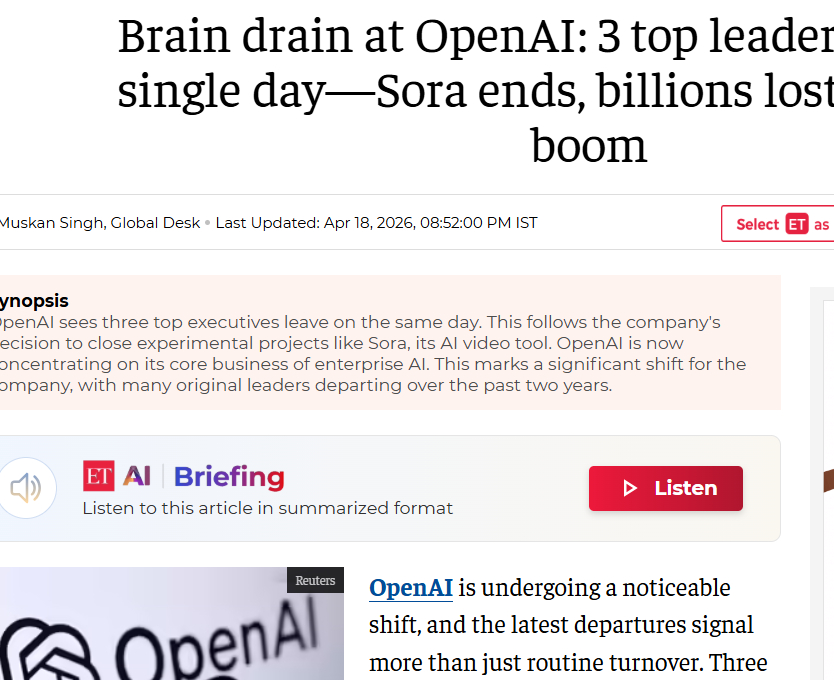 OpenAI遭遇人才流失危机 三位高管同日离职，Sora项目关停