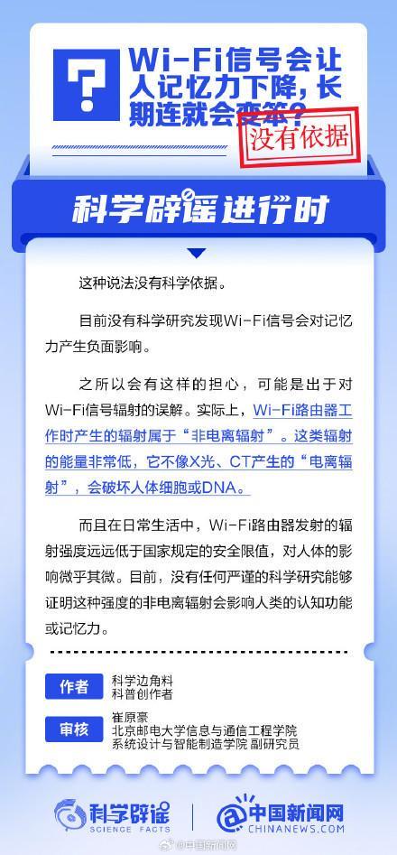 WiFi会让记忆力下降系谣言：辐射能量极低，影响微乎其微