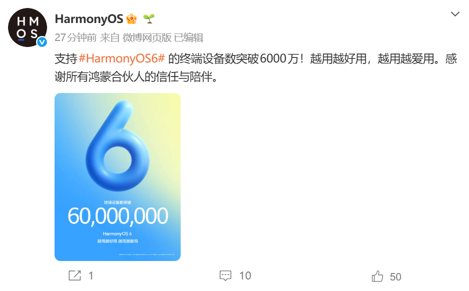 华为鸿蒙HarmonyOS 6终端设备数突破6000万