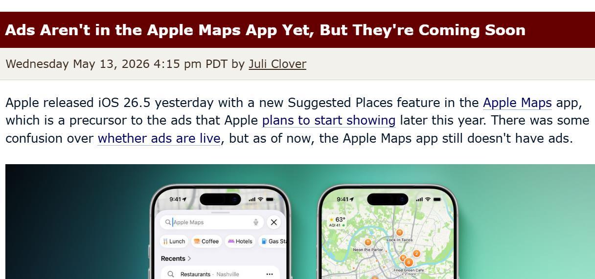 苹果地图广告进入倒计时:iOS 26.5预埋推荐地点功能