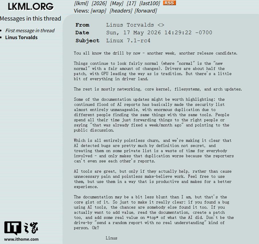 Linux之父Linus发飙:别用AI提交大量重复Bug报告
