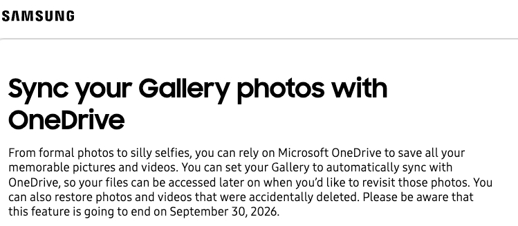 三星与微软正式宣布：OneDrive Gallery 同步功能将于2026年9月30日终止