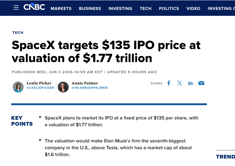SpaceX确定IPO发行价为每股135美元，估值达1.77万亿美元