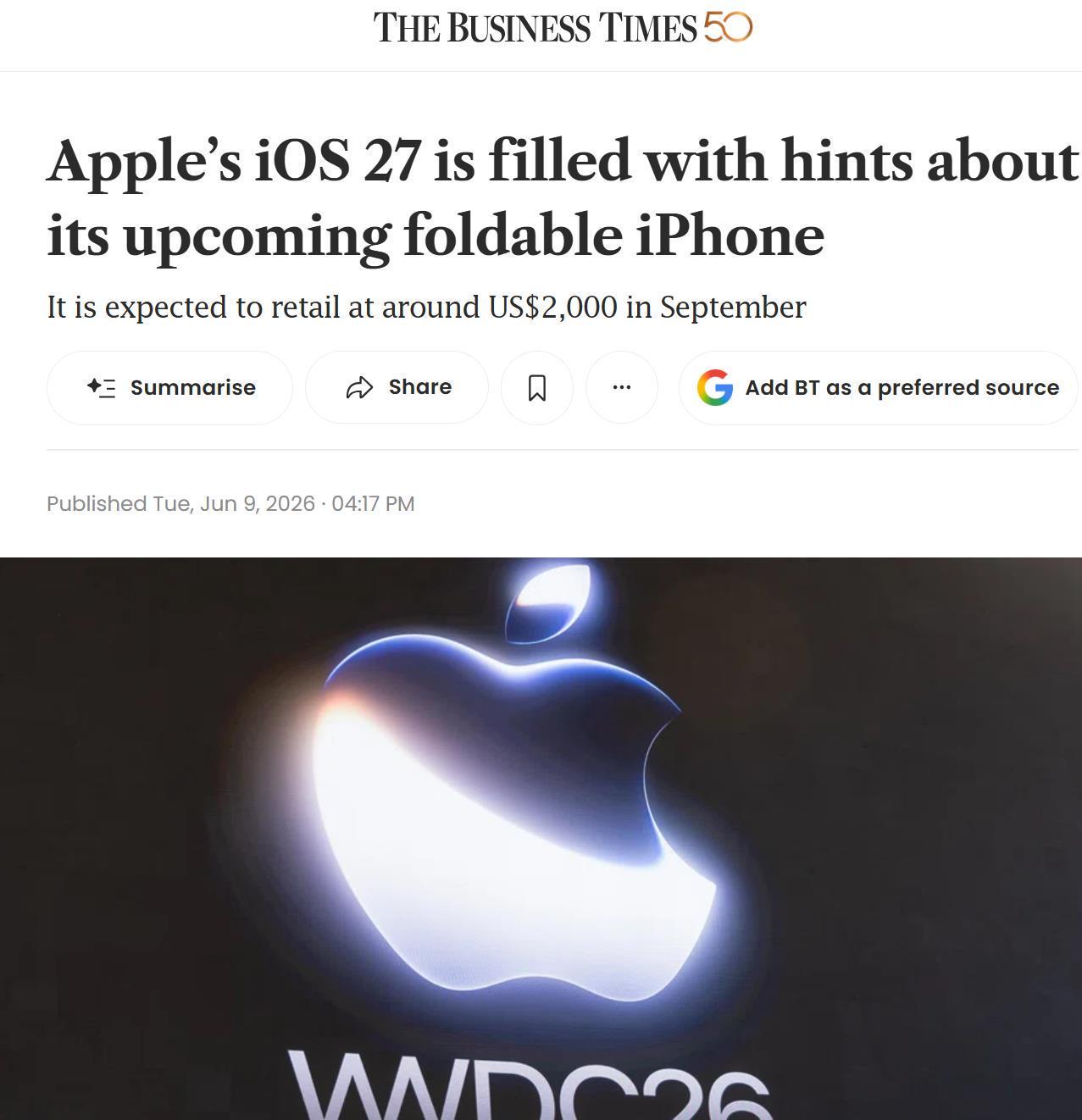 iOS 27底层代码曝光:苹果首款折叠屏iPhone预计9月亮相,起售价约2000美元