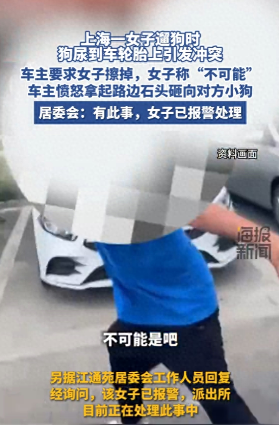 上海一女子遛狗時(shí)狗尿到車輪胎上引發(fā)沖突，車主要求女子擦掉，女子稱“不可能”