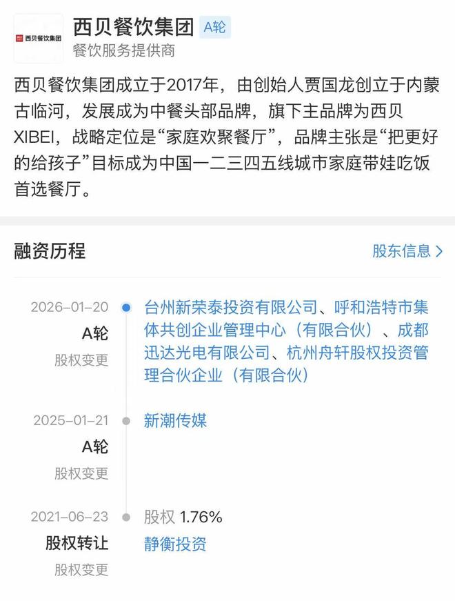 西贝获多方投资助力，注册资本增至一亿元，新荣记创始人等加持投资