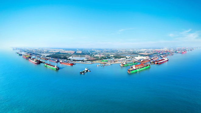示意配图:长兴岛船海产业基地停泊船舶与港区全景(图源:上观新闻)